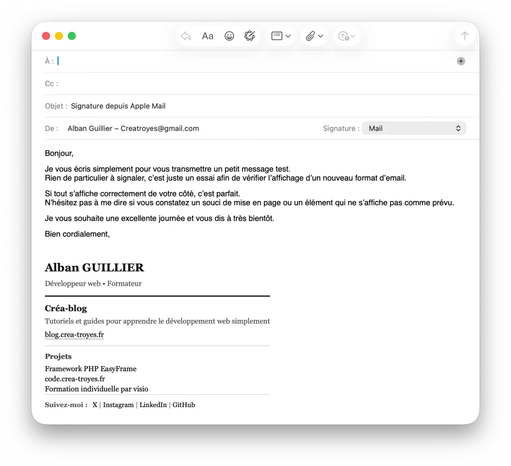 Code HTML pour un signature Apple Mail