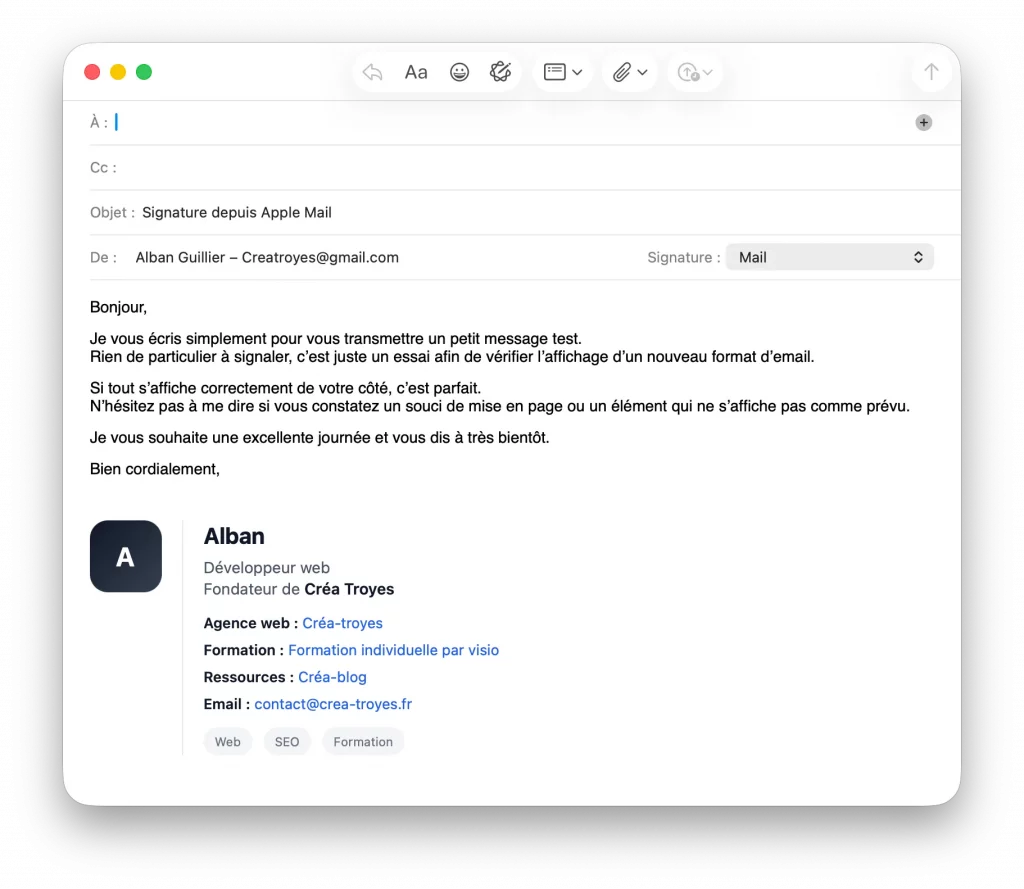 Signature Apple Mail en HTML version Card avec CSS inline
