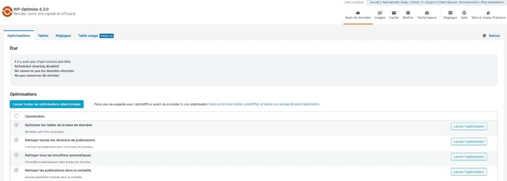 Nettoyer base de données WordPress avec WP-Optimize