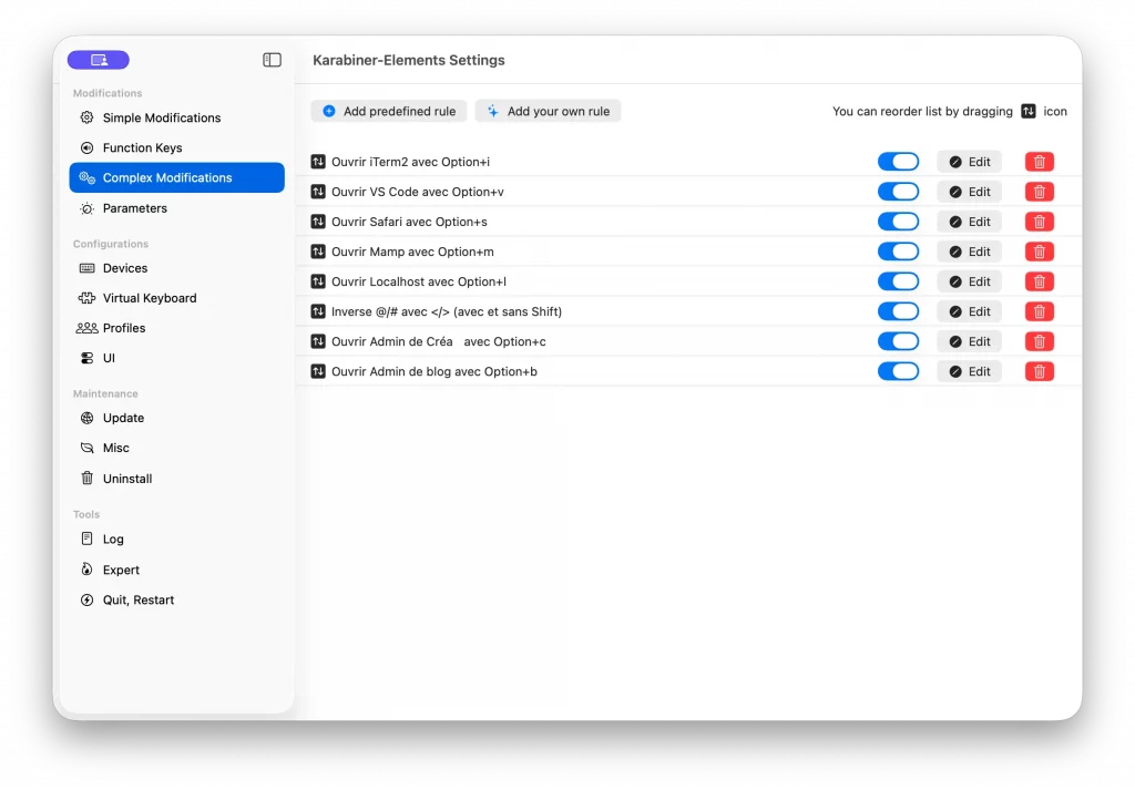Karabiner pour créer des raccourcis clavier