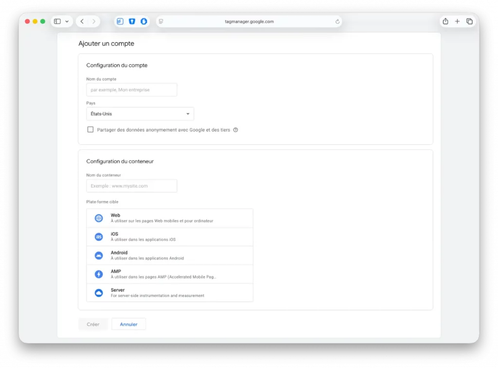 Créer un compte Google Tag Manager