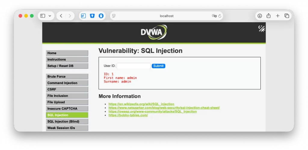 Exercice d'injection SQL avec DVWA