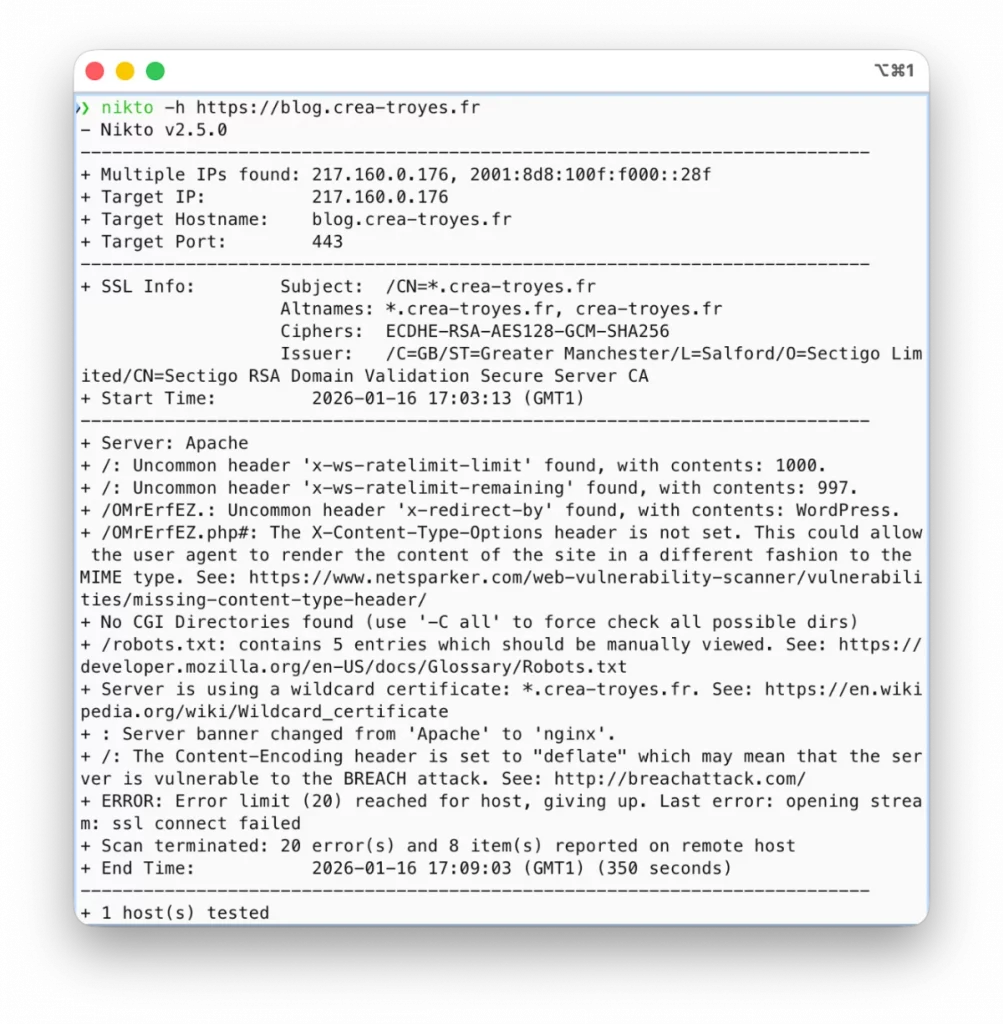 Résultat d'analyse avec nikto