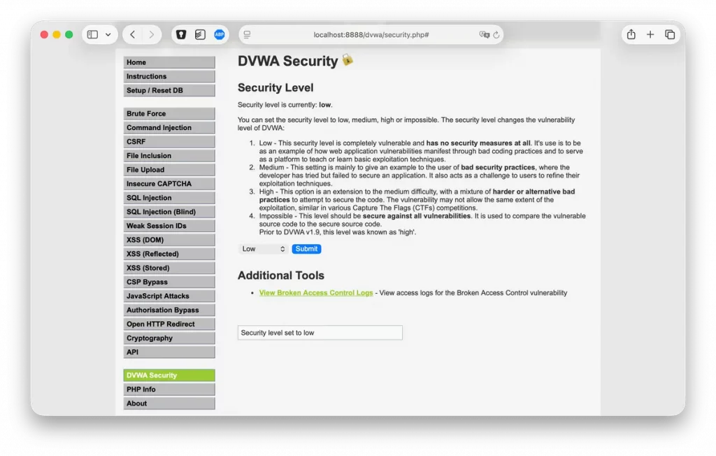 Niveau de difficulté DVWA