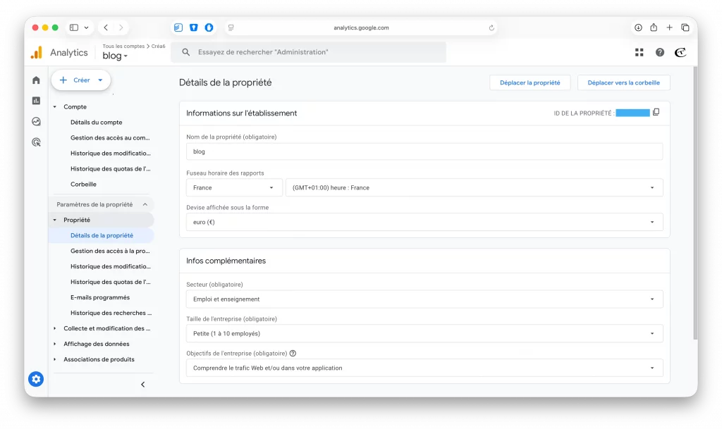 Les paramètres d'une propriété dans Google Analytics