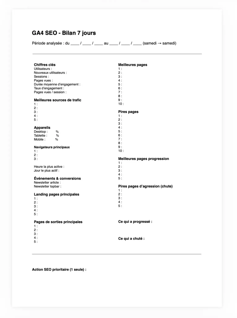Bilan hebdomadaire GA4 des métriques à surveiller