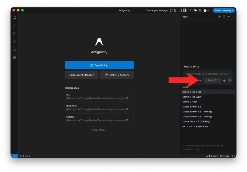 Choix de l'IA sur Antigravity
