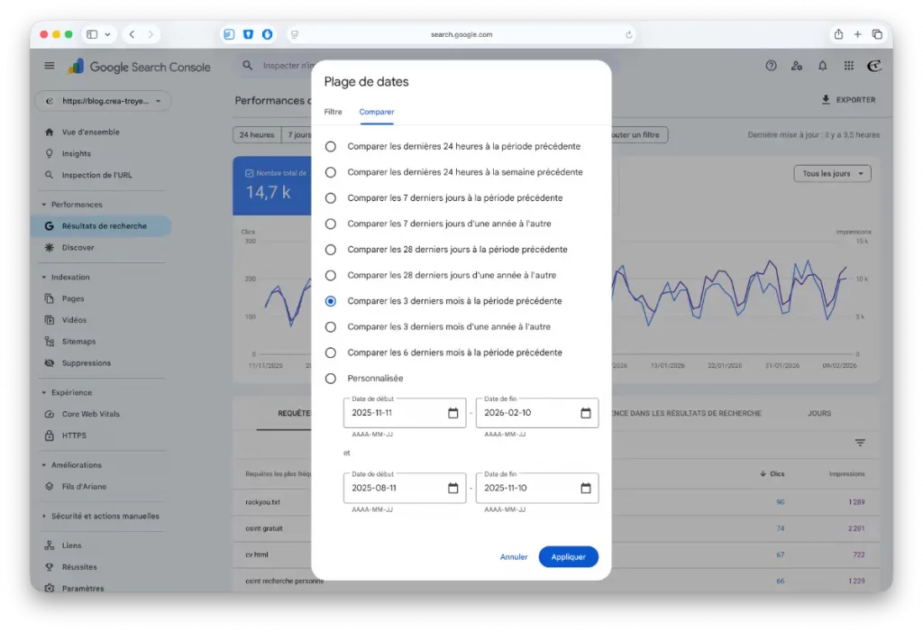 Comparer les performances dans la Search Console
