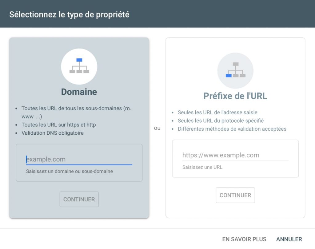 Installation Google Search Console : Type de propriété
