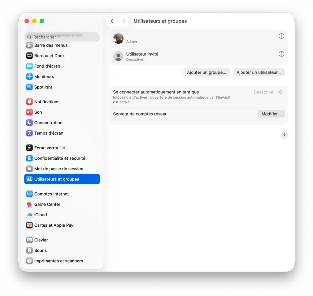 Utilisateur et groupe pour le compte invité