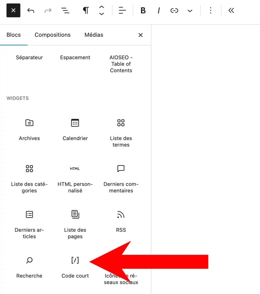 ajouter un shortcode ou code court