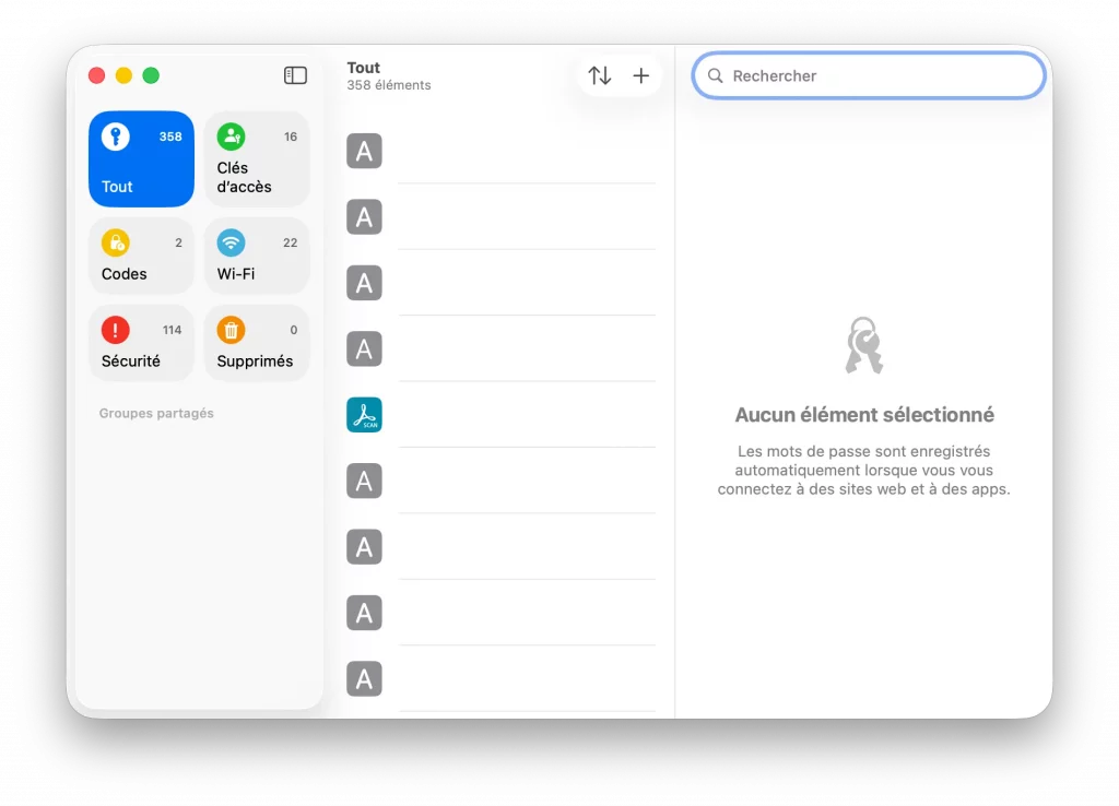 L'interface de l'application Mot de passe sur Mac