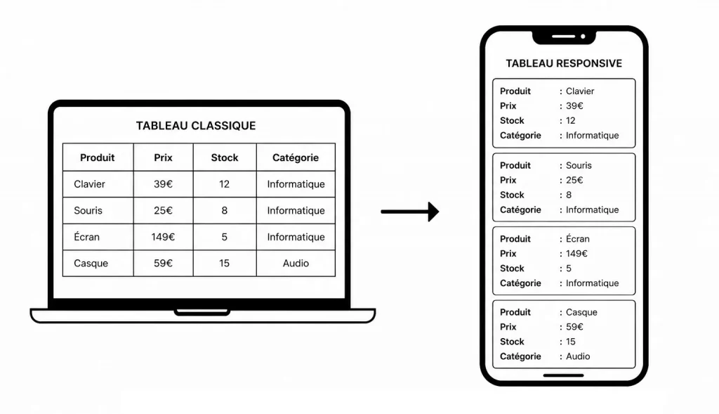 Exemple de tableau responsive en CSS en cartes ou card