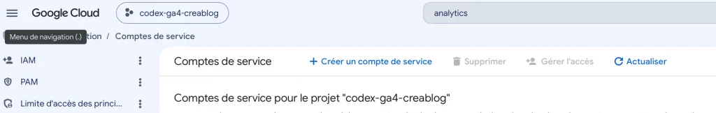 Compte de service Google Anaytics 4 - GA4