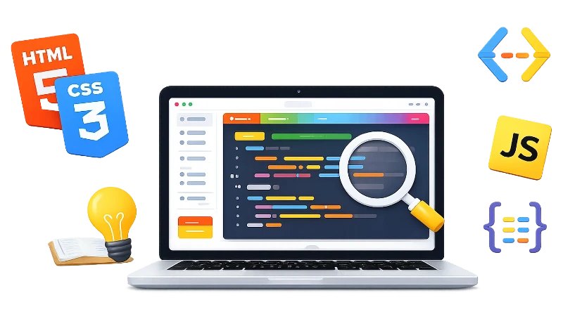 Ordinateur affichant du code front-end avec une loupe et des icônes HTML, CSS et JavaScript