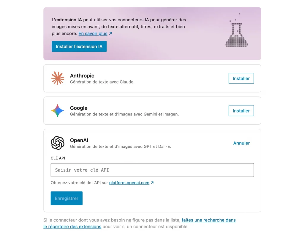 Les IA disponibles depuis les connecteurs Wordpress