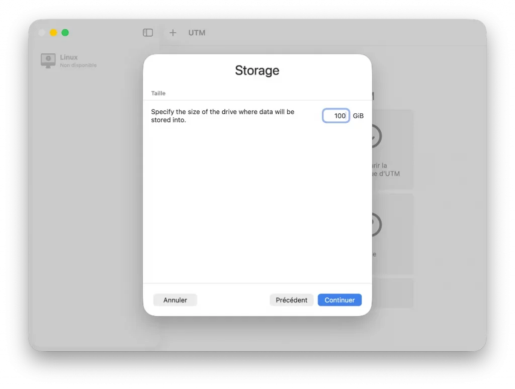 Espace de stockage pour la VM de Kali linux